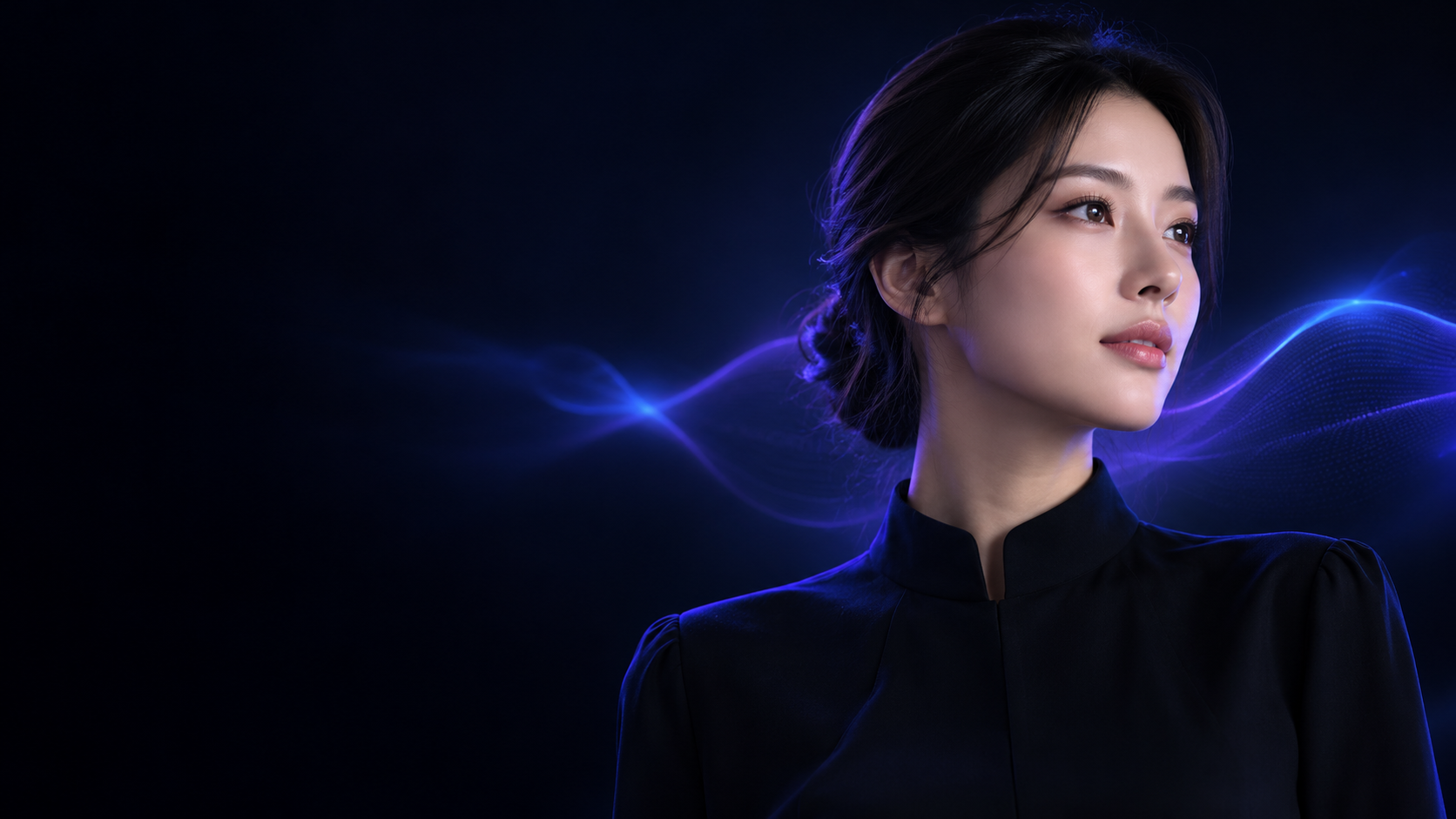 퍼플·블루 빛으로 표현한 벨라 브랜드 인물 이미지 — AI 생성